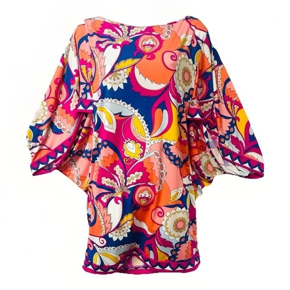 Trina‎ Turk Kaftan Tunic Dress Psychedelic Floral Print Pink Blue Orange M Beach - Picture 2 of 11